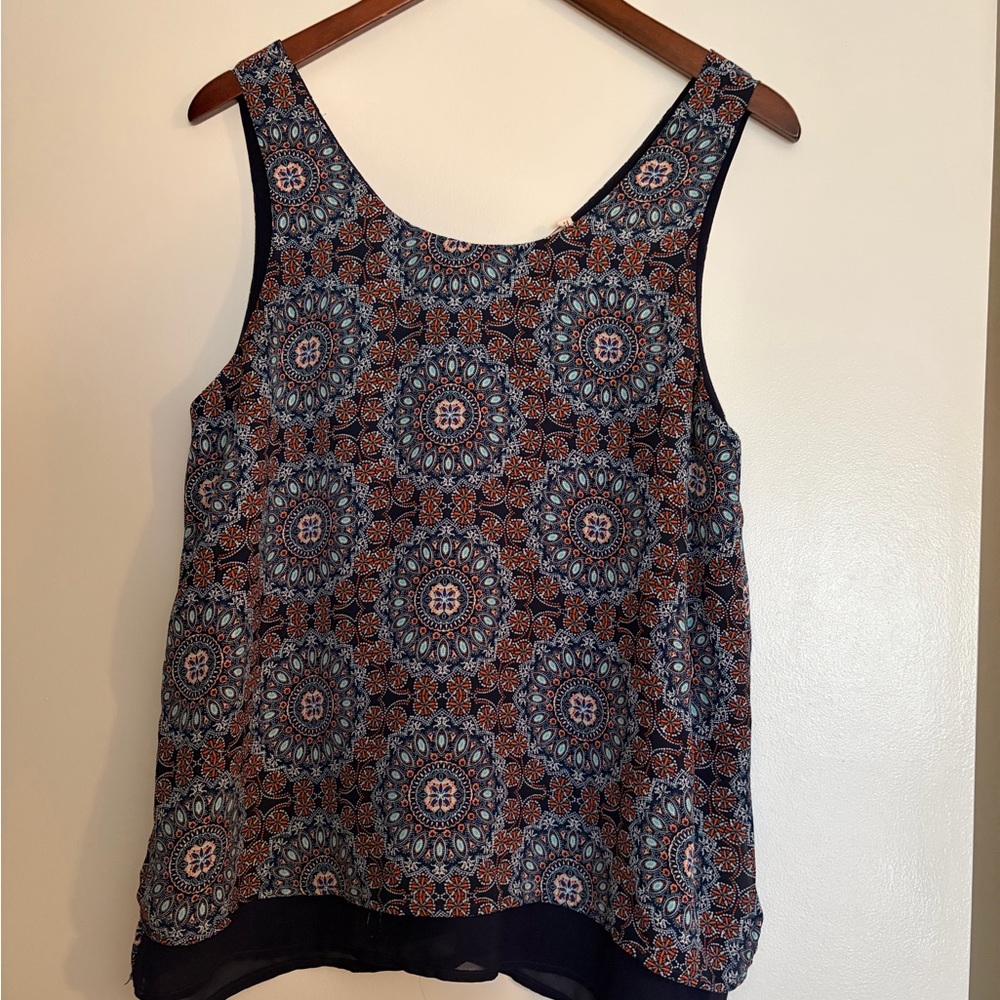 LUSH Sleeveless Tank Size M Navy with Geometric Boho Print